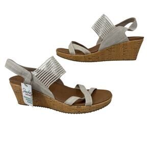 Skechers Luxe Sandals Womens Size 10 Natural Beige Cork Wedge Sling Back